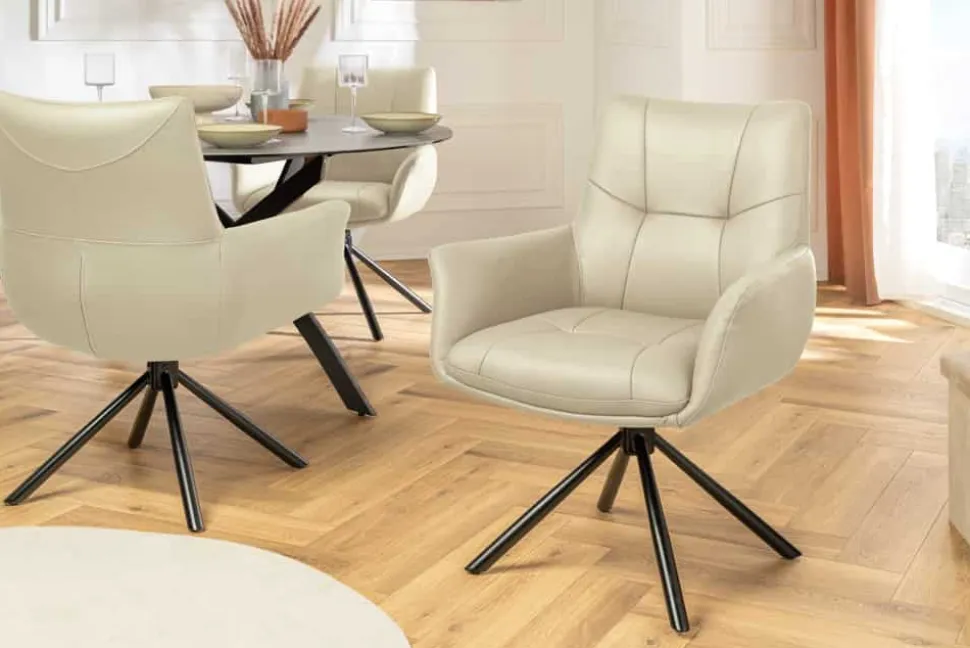 Drehbarer Design Stuhl SIGNATURE beige Echtleder 360° Taschenfederkern schwarz Metall