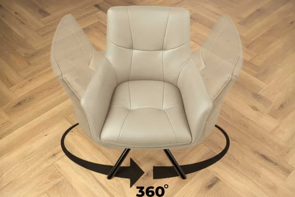 Drehbarer Design Stuhl SIGNATURE beige Echtleder 360° Taschenfederkern schwarz Metall