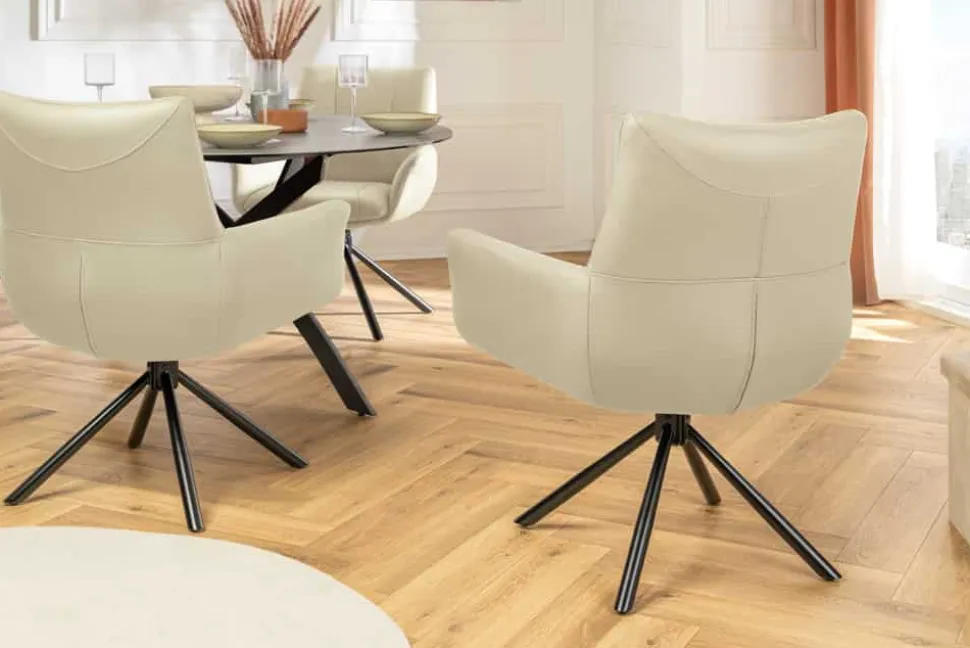 Drehbarer Design Stuhl SIGNATURE beige Echtleder 360° Taschenfederkern schwarz Metall