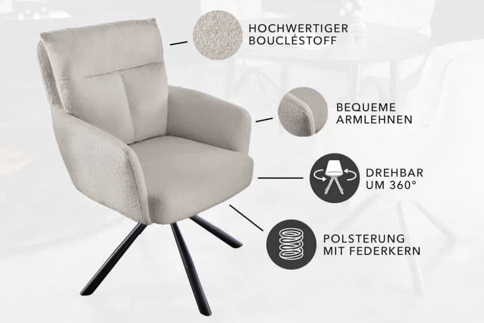 Drehbarer Retro Stuhl BIG GEORGE greige Bouclé Armlehnen Taschenfederkern