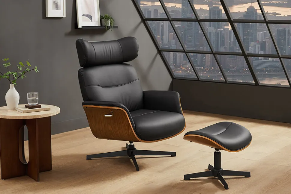 Drehbarer Sessel VOGUE COMFORT schwarz Kunstleder braun Walnuss-Design mit Armlehne