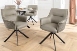 Drehbarer Stuhl LE GRAND taupe Echtleder Strukturstoff schwarzes Metallgestell
