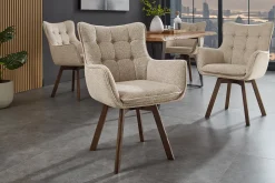 Drehbarer Stuhl THOR beige Strukturstoff braun Wenge Eichenholz 360° mit Armlehne