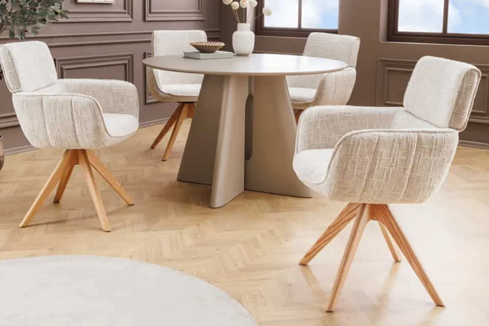 Drehbarer Stuhl UNIQUE beige Chenille Eichenholzbeine mit Armlehne