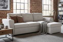 Ecksofa mit Schlaffunktion APARTMENT beidseitig aufbaubar beige Strukturstoff inkl. Stauraum