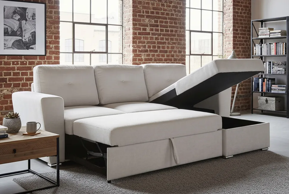 Ecksofa mit Schlaffunktion APARTMENT beidseitig aufbaubar beige Strukturstoff inkl. Stauraum