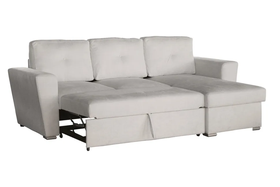 Ecksofa mit Schlaffunktion APARTMENT beidseitig aufbaubar beige Strukturstoff inkl. Stauraum