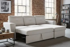 Ecksofa mit Schlaffunktion APARTMENT beidseitig aufbaubar beige Strukturstoff inkl. Stauraum