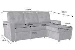 Ecksofa mit Schlaffunktion APARTMENT beidseitig aufbaubar grau Samt inkl. Stauraum