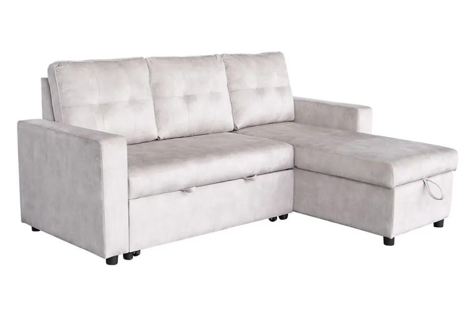 Ecksofa mit Schlaffunktion APARTMENT beidseitig aufbaubar champagner beige Samt inkl. Stauraum