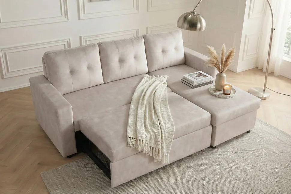 Ecksofa mit Schlaffunktion APARTMENT beidseitig aufbaubar champagner beige Samt inkl. Stauraum
