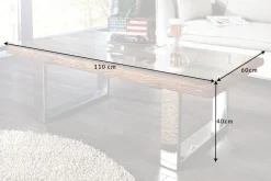 Eindrucksvoller Couchtisch BARRACUDA 110cm antik Teakholz mit Kufengestell und Glas