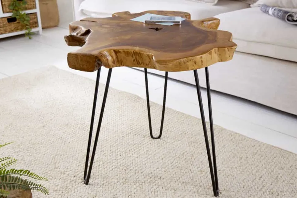 Einzigartiger Beistelltisch WILD 50cm Teak Massivholz Baumscheibe Metallbeine schwarz