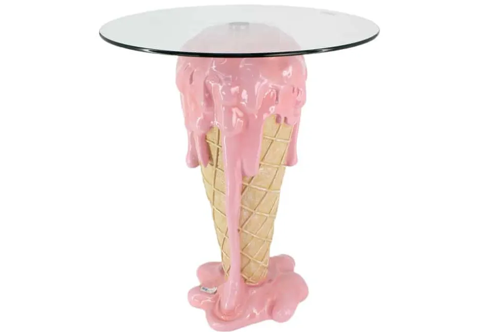 Einzigartiger Bistrotisch ICE CREAM 75cm beige rosa runde Tischplatte Glas handmade