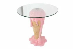 Einzigartiger Couchtisch ICE CREAM 50cm beige rosa runde Tischplatte Glas handmade