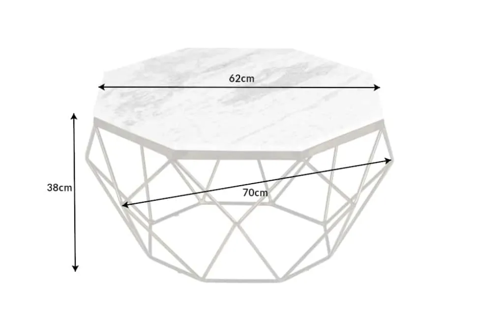 Eleganter Couchtisch DIAMOND 70cm weiß messing mit Marmorplatte