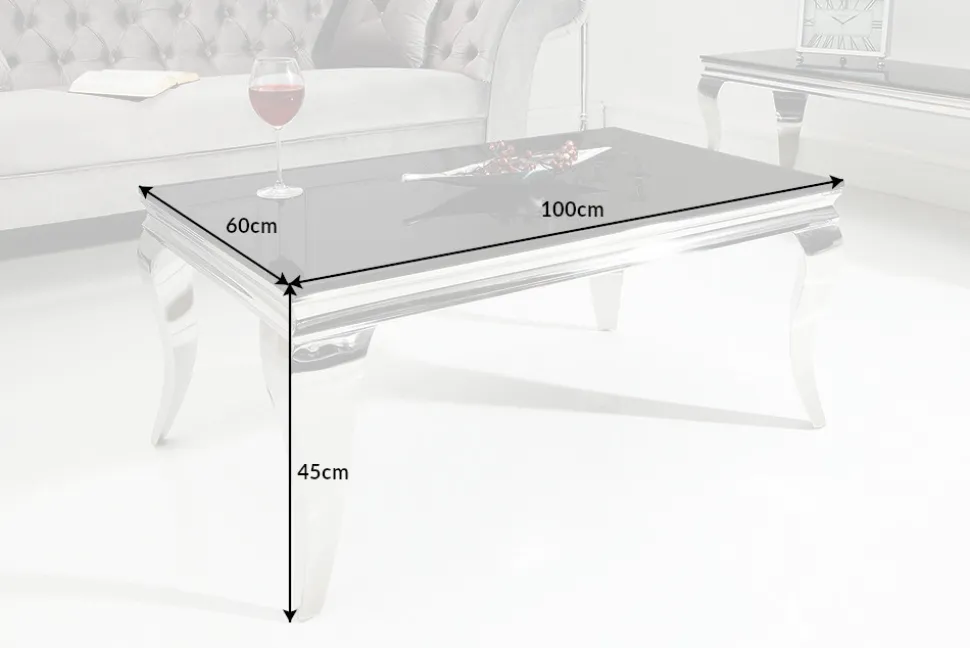 Eleganter Couchtisch MODERN BAROCK 100cm silber mit schwarzem Opalglas
