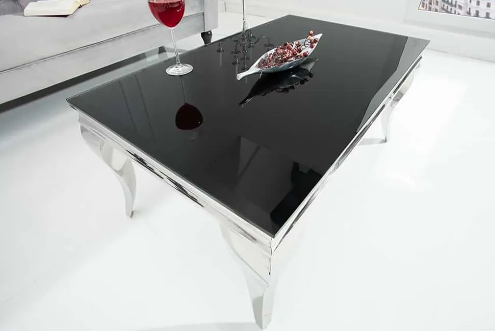 Eleganter Couchtisch MODERN BAROCK 100cm silber mit schwarzem Opalglas