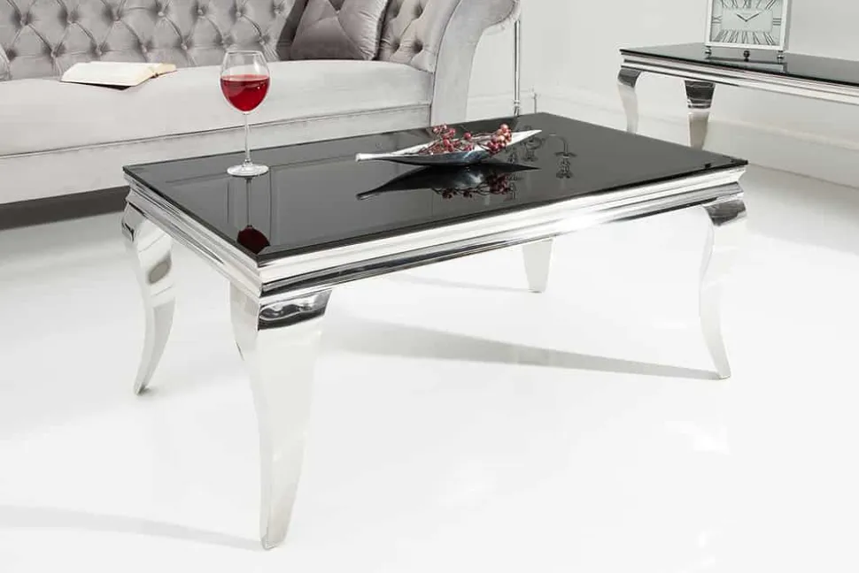 Eleganter Couchtisch MODERN BAROCK 100cm silber mit schwarzem Opalglas