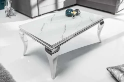 Eleganter Couchtisch MODERN BAROCK 100cm Glasplatte in Marmoroptik Edelstahlbeine