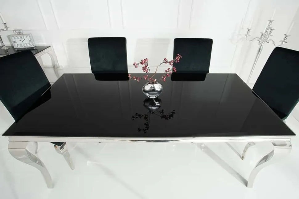 Eleganter Design Esstisch MODERN BAROCK 200cm schwarz Edelstahl Opalglas Tischplatte