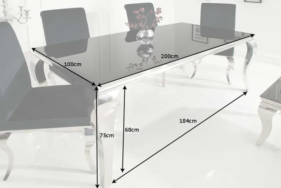 Eleganter Design Esstisch MODERN BAROCK 200cm schwarz Edelstahl Opalglas Tischplatte