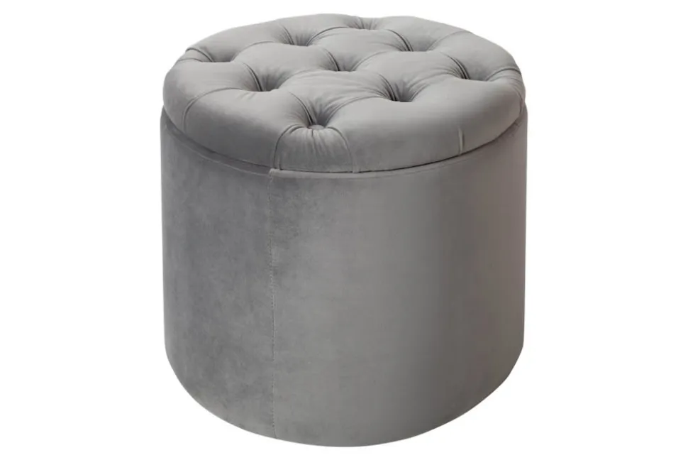 Eleganter Hocker MODERN BAROCK 50cm silbergrau Samt Aufbewahrungkorb