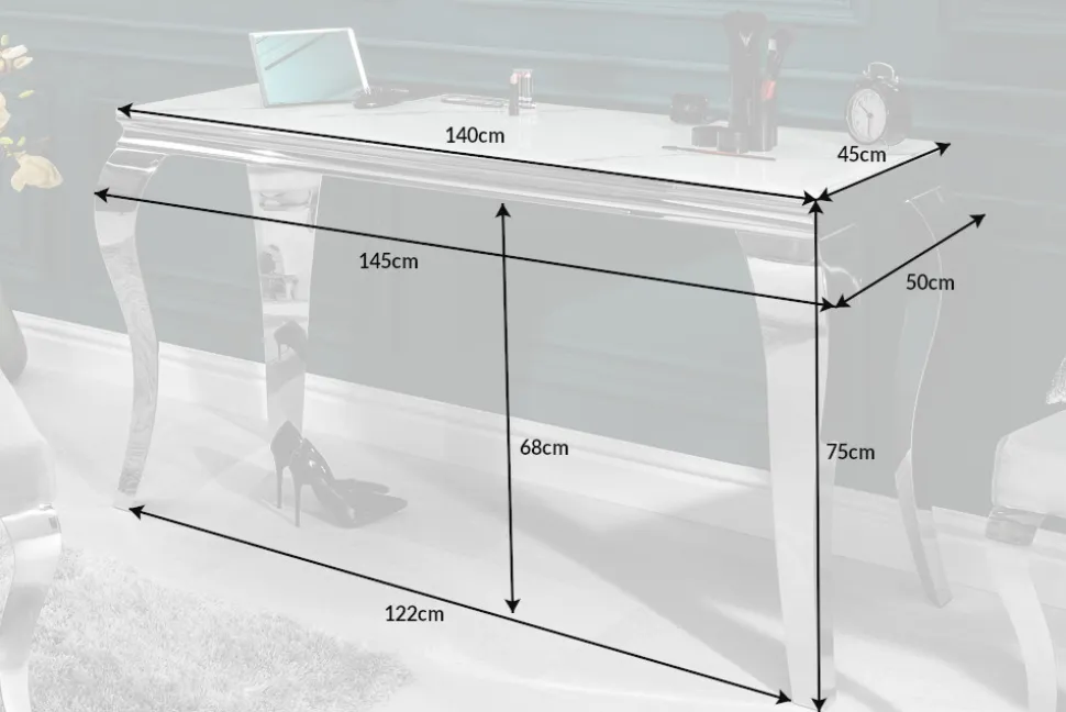 Eleganter Konsolentisch MODERN BAROCK 145cm mit Glasplatte Marmoroptik Edelstahlbeine