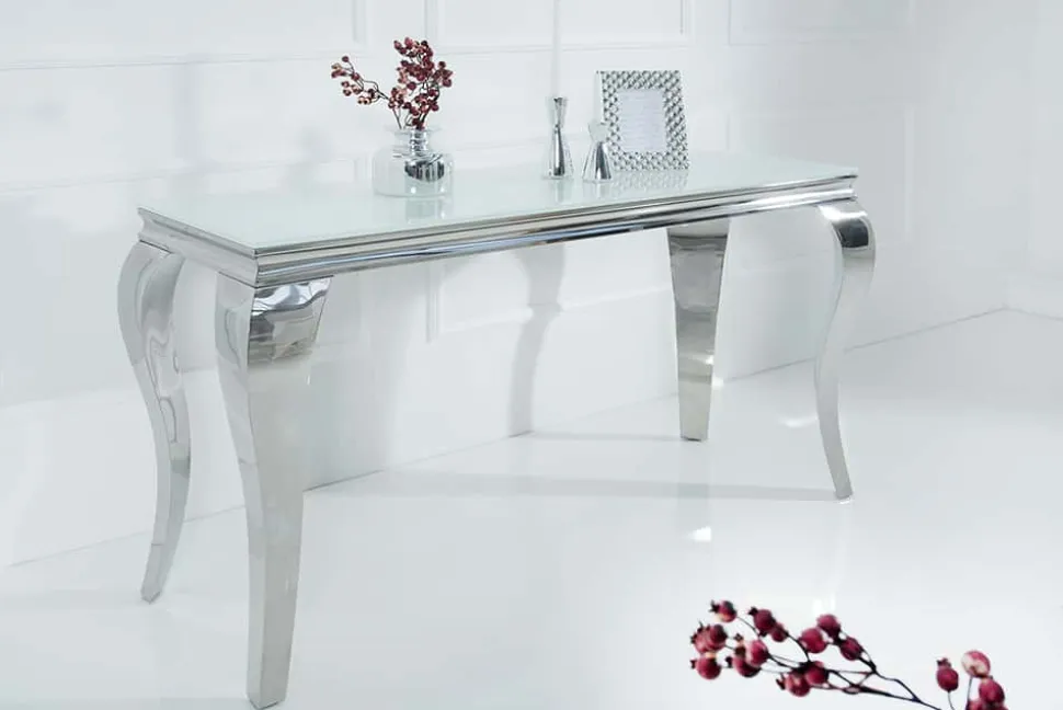 Eleganter Konsolentisch MODERN BAROCK 145cm weiß Opalglas Edelstahlbeine