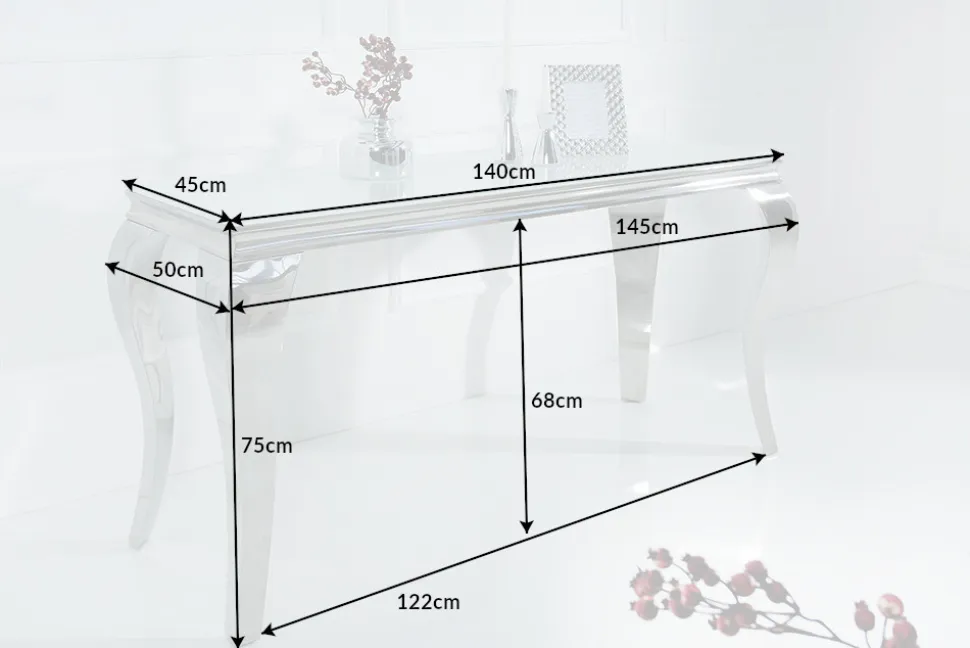 Eleganter Konsolentisch MODERN BAROCK 145cm weiß Opalglas Edelstahlbeine