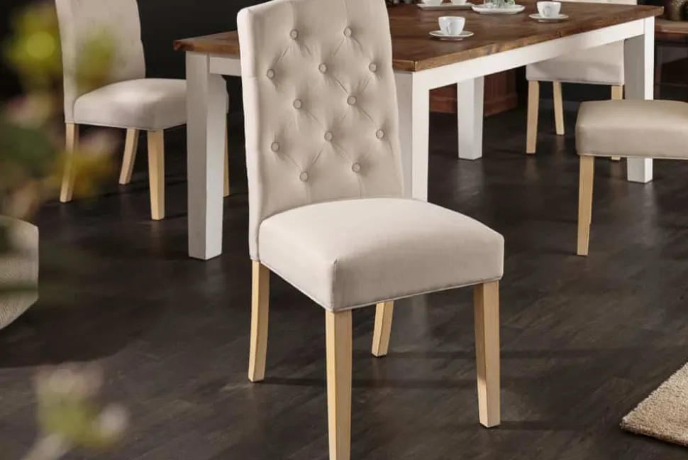 Eleganter Stuhl CASTLE beige mit Chesterfield Steppung im Landhausstil
