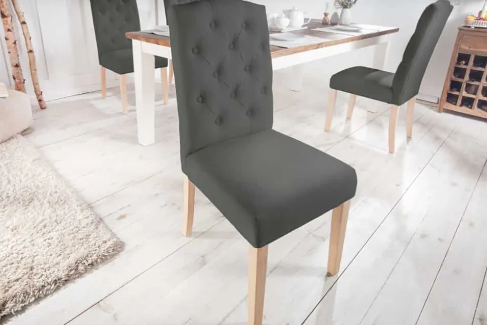 Eleganter Stuhl CASTLE grau mit Chesterfield Steppung im Landhausstil