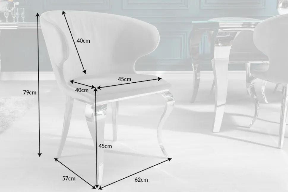 Eleganter Stuhl MODERN BAROCK II edel-grau Samt Edelstahlbeine