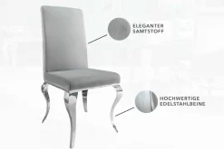 Eleganter Stuhl MODERN BAROCK edel-grau Samt Stuhlbeine aus Edelstahl
