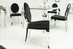 Eleganter Stuhl MODERN BAROCK schwarz Samt mit Knöpfen Edelstahlbeine