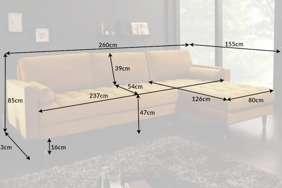 Elegantes Ecksofa COZY VELVET 260cm senfgelb Samt Federkern 3-Sitzer