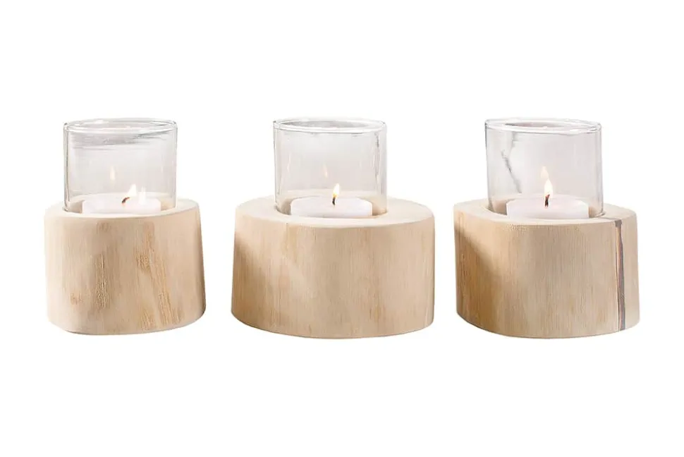 Elegantes 3er Set Windlicht LIMOTION Teakholz Outdoor Teelicht Kerzenhalter