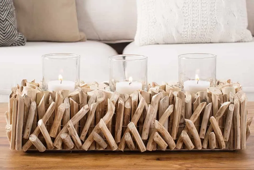 Elegantes Windlicht FOSSIL 50cm Treibholz Kerzenhalter für 3 Kerzen