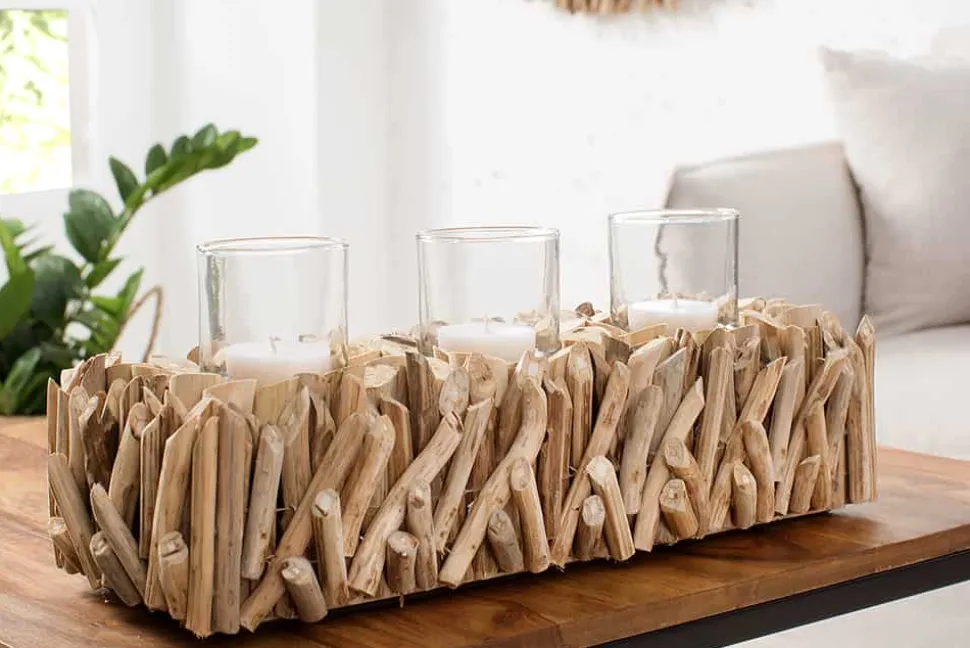 Elegantes Windlicht FOSSIL 50cm Treibholz Kerzenhalter für 3 Kerzen