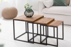 3er Set Beistelltisch ELEMENTS 40cm braun Sheesham Massivholz stone finish Metall