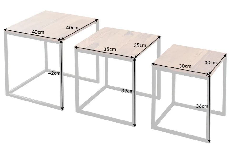 3er Set Beistelltisch ELEMENTS 40cm braun Sheesham Massivholz stone finish Metall