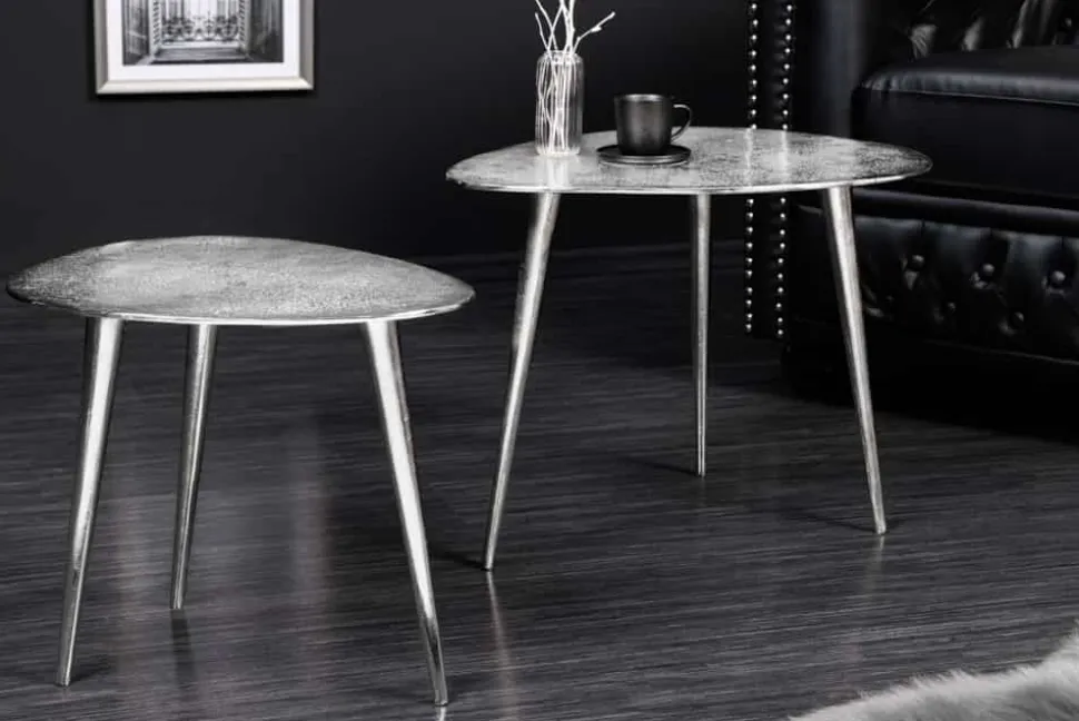 2er Set Couchtisch ELEMENTS 50cm silber Metall Handarbeit