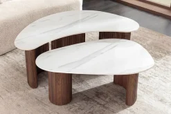 2er Set Couchtische OSAKA 120cm weiß Marmor Keramik Walnuss