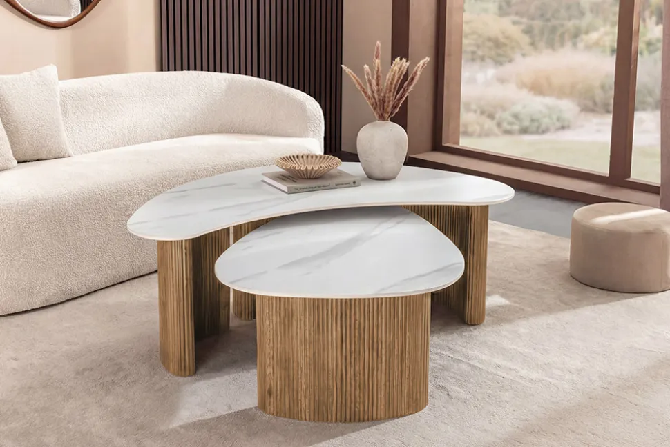 2er Set Couchtische OSAKA 120cm weiß Marmor Keramik natur Eiche