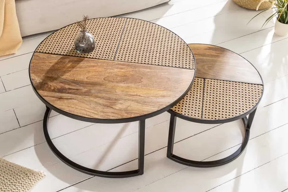 2er Set Couchtisch VIENNA LOUNGE 70cm rund Mangoholz massiv Wiener Geflecht Metall schwarz