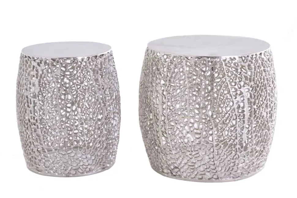 2er Set filigraner Design Couchtisch ABSTRACT LEAF antik silber Handarbeit rund
