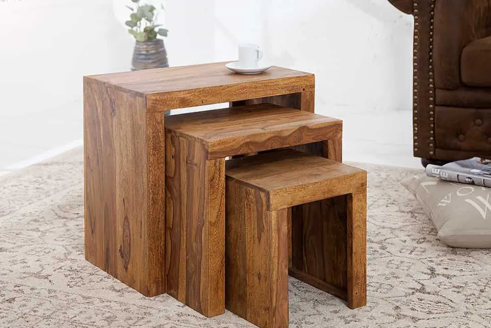 3er Set Massivholz Beistelltische MAKASSAR 45cm braun Sheesham stone finish Maserung