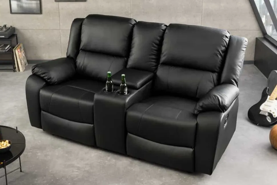 Exklusiver 2er Kinosessel HOLLYWOOD 190cm schwarz mit Liegefunktion und Getränkehalter