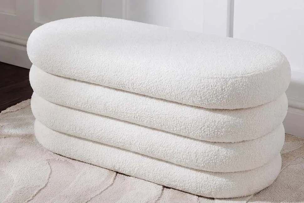 Extravagante Polsterbank VOGUE 85cm weiß Bouclé Sitzbank mit Stauraum