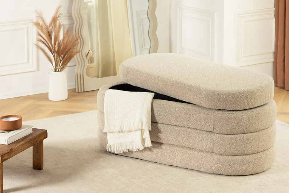 Extravagante Polsterbank VOGUE 115cm taupe Bouclé Sitzbank mit Stauraum